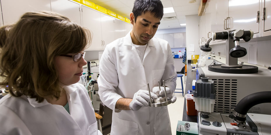Graduate students working together in a research lab